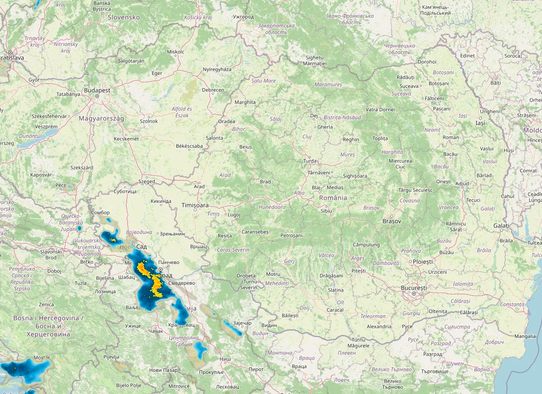 Hartă radar RainViewer cu precipitațiile din România pentru buletinul Meteo agricol România de la ora 18:00.