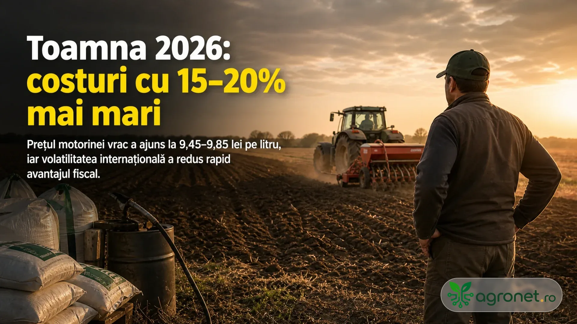 Fermier care privește un tractor cu semănătoare pe un teren lucrat, lângă saci de inputuri și un rezervor de combustibil.