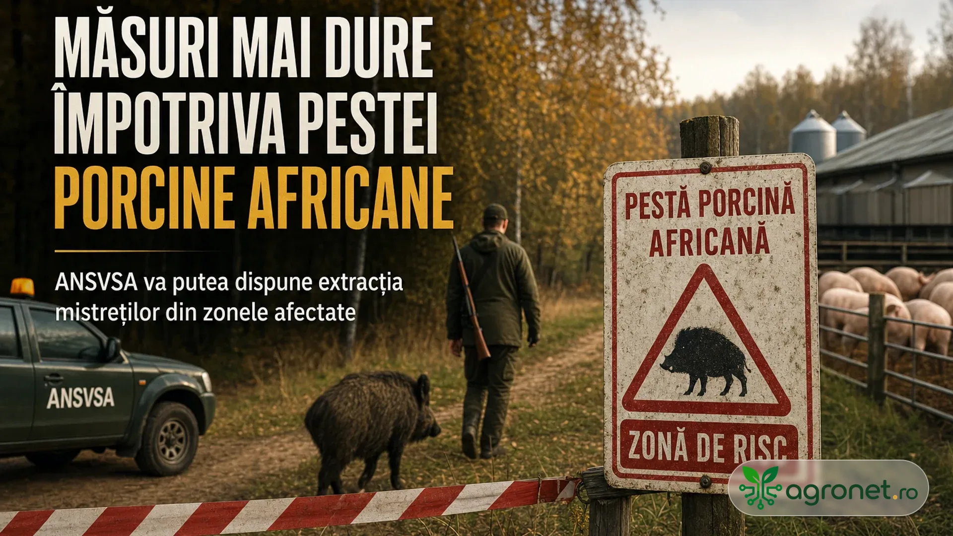 Drum rural la marginea unei păduri, cu un mistreț, un bărbat în echipament de vânătoare, un indicator de risc sanitar și porci într-un țarc.