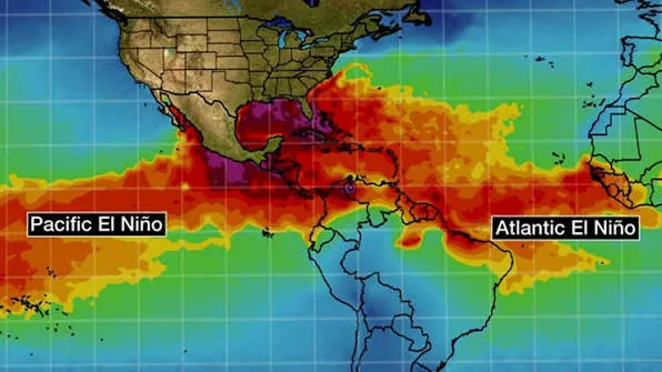 Hartă cu anomalii calde în Pacific și Atlantic, etichetate El Niño