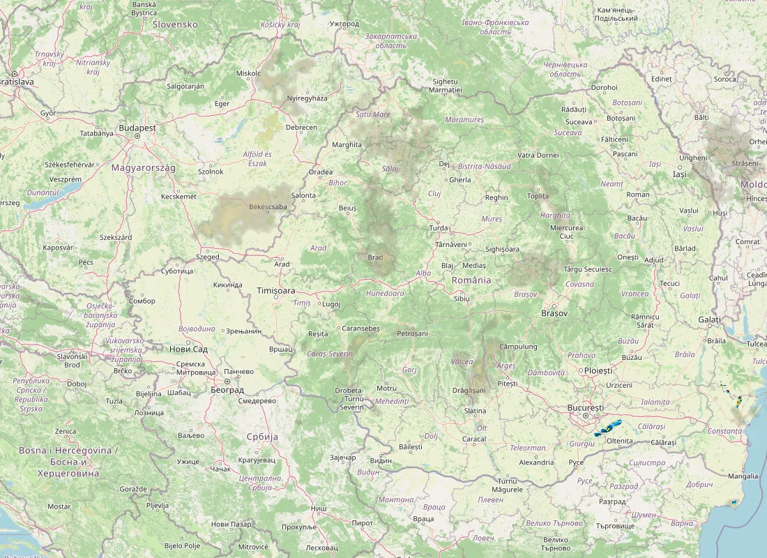 Hartă radar RainViewer cu precipitațiile din România pentru buletinul Meteo agricol România de la ora 05:00.
