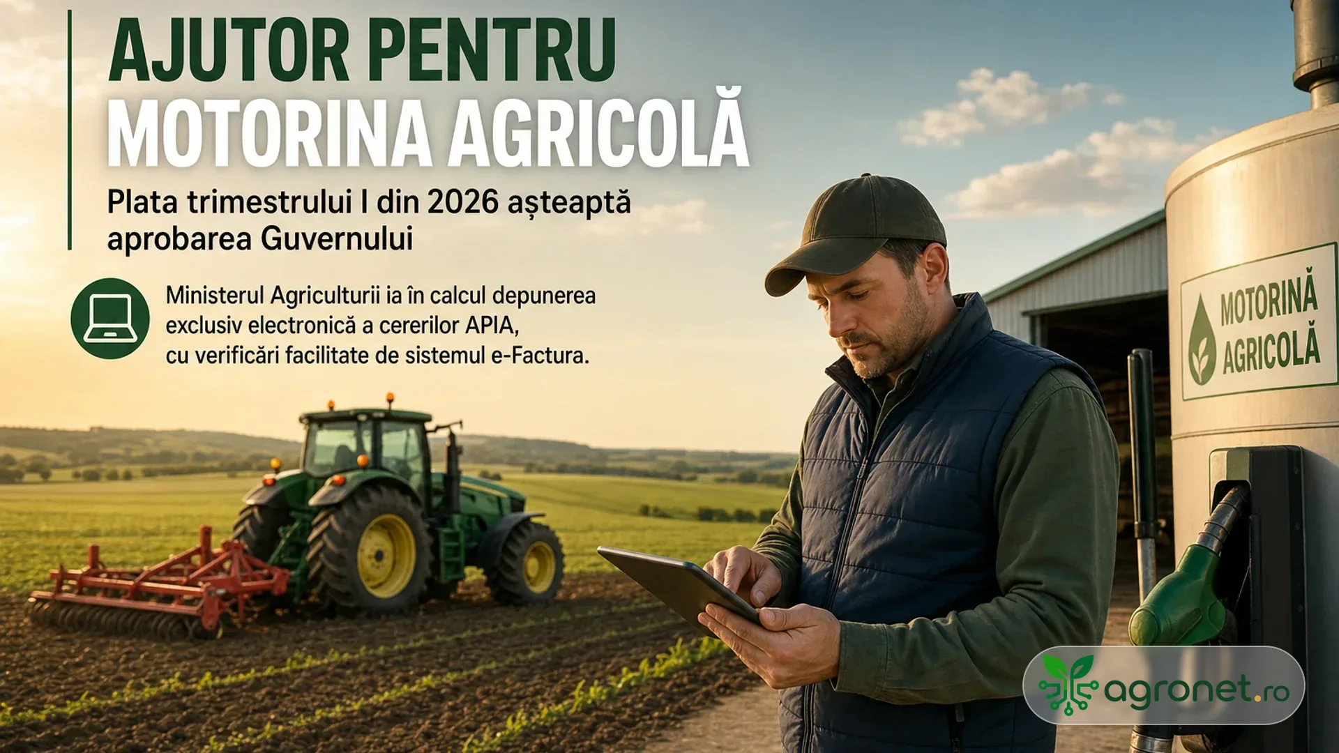 Fermier folosește o tabletă lângă o pompă de motorină agricolă, cu tractor pe câmp în fundal.