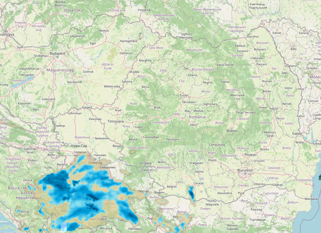 Hartă radar RainViewer cu precipitațiile din România pentru buletinul Meteo agricol România de la ora 12:00.