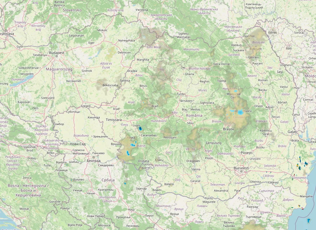 Hartă radar RainViewer cu precipitațiile din România pentru buletinul Meteo agricol România de la ora 05:00.