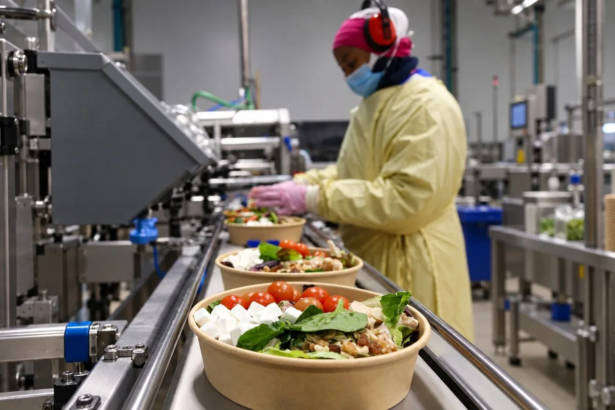 Angajată echipată procesează boluri cu salată pe linie industrială