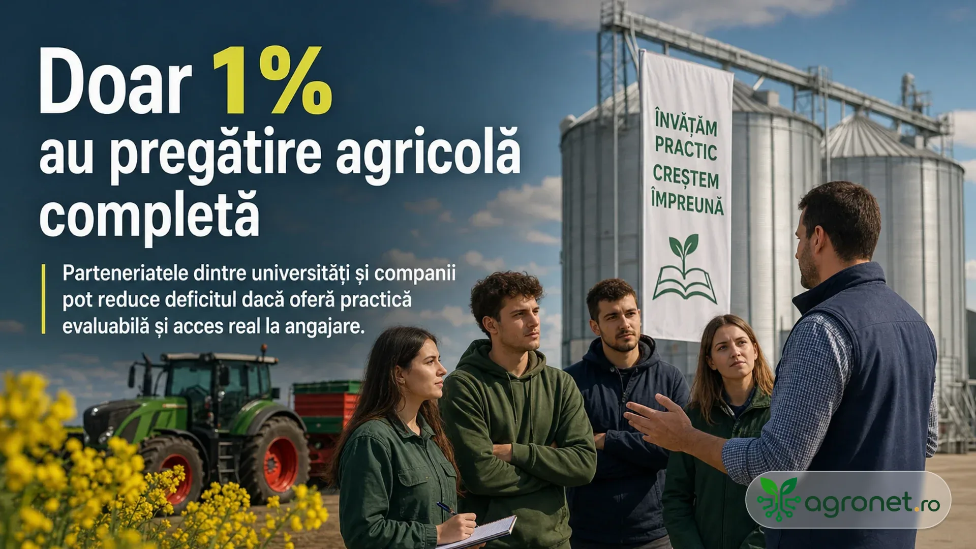Grup de tineri discută cu un specialist într-un spațiu agricol, lângă silozuri și un tractor.