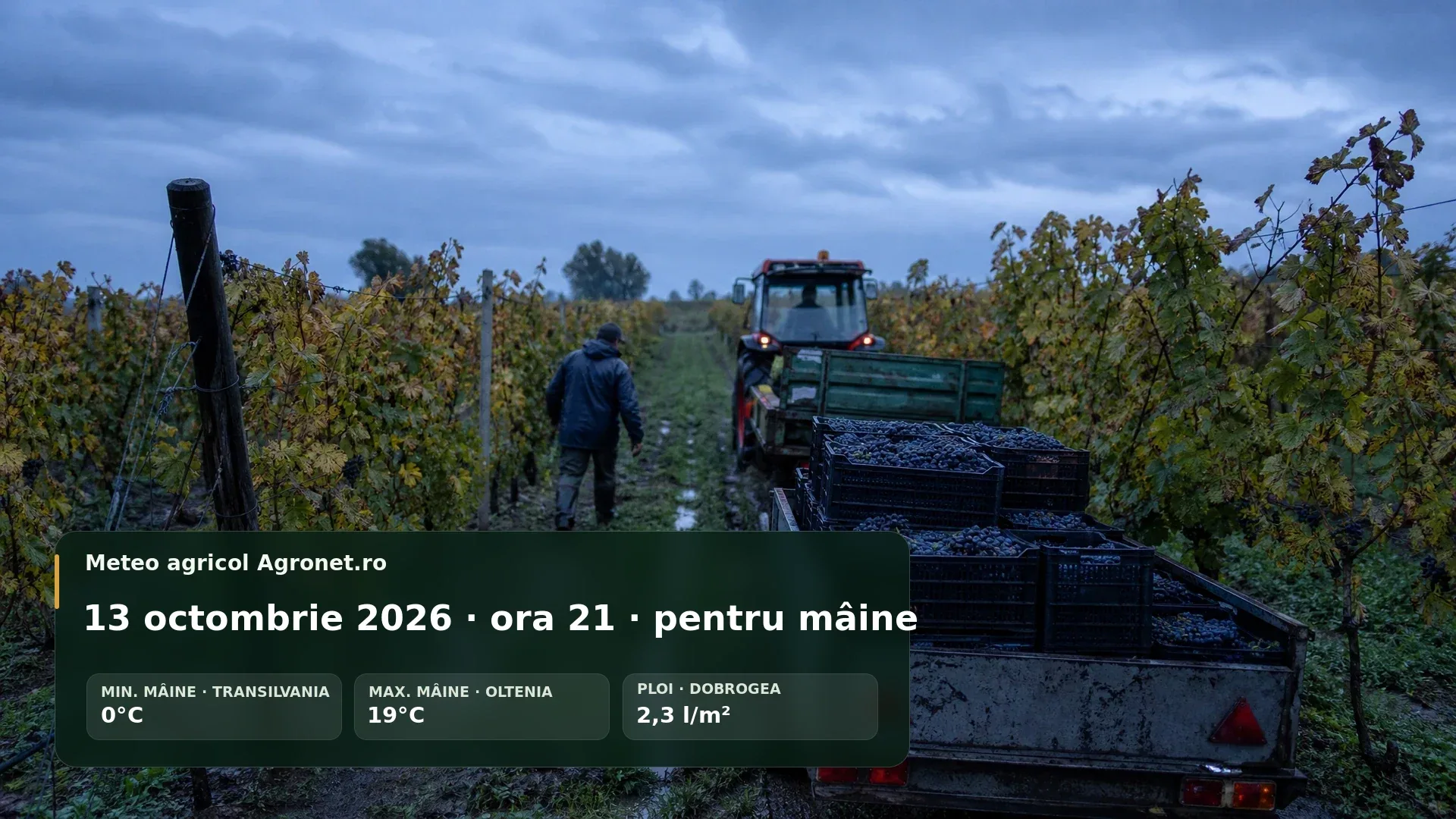 Utilaj agricol pe teren de toamnă, sub cer înnorat și vânt