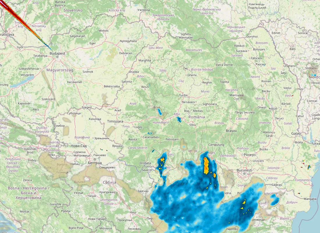Hartă radar RainViewer cu precipitațiile din România pentru buletinul Meteo agricol România de la ora 21:00.