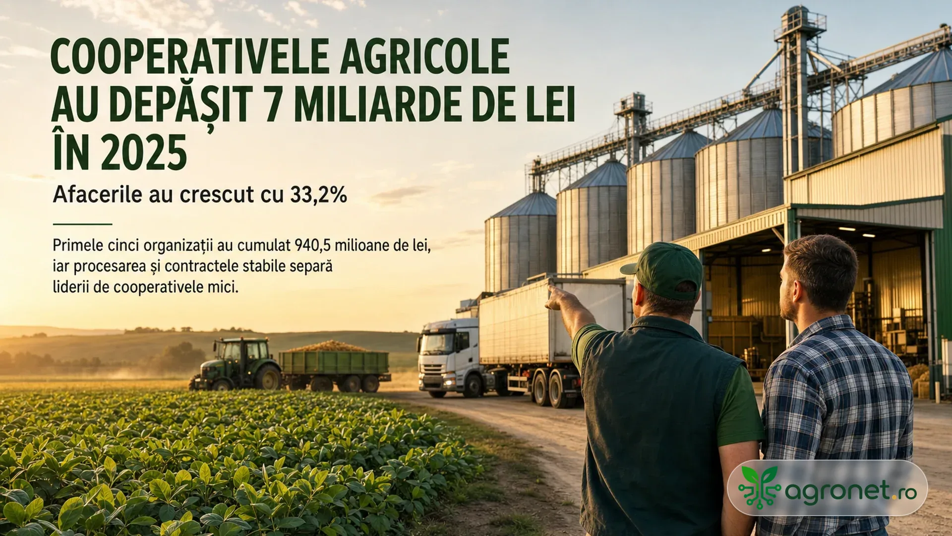 Doi bărbați privesc spre camioane și silozuri, lângă un câmp cultivat și un tractor cu remorcă.