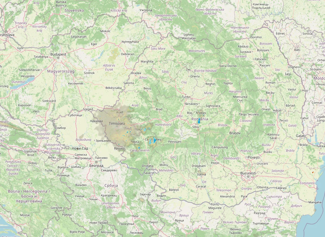 Hartă radar RainViewer cu precipitațiile din România pentru buletinul Meteo agricol România de la ora 12:00.