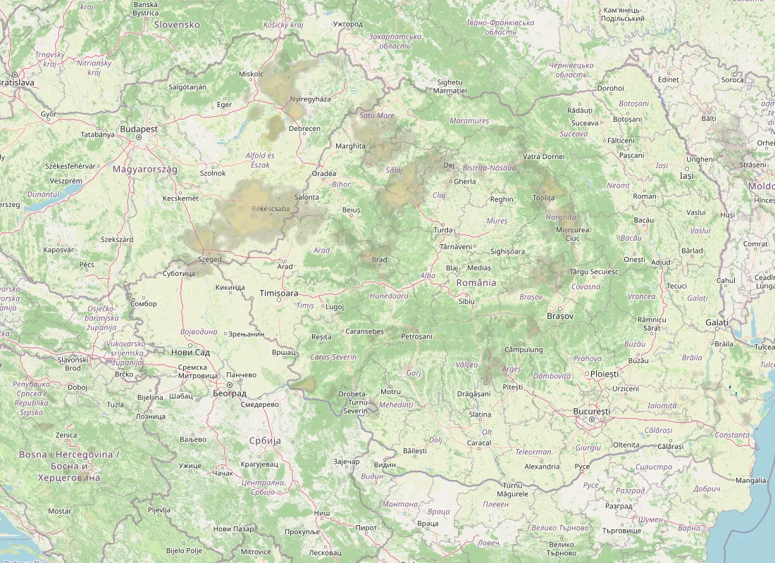 Hartă radar RainViewer cu precipitațiile din România pentru buletinul Meteo agricol România de la ora 05:00.