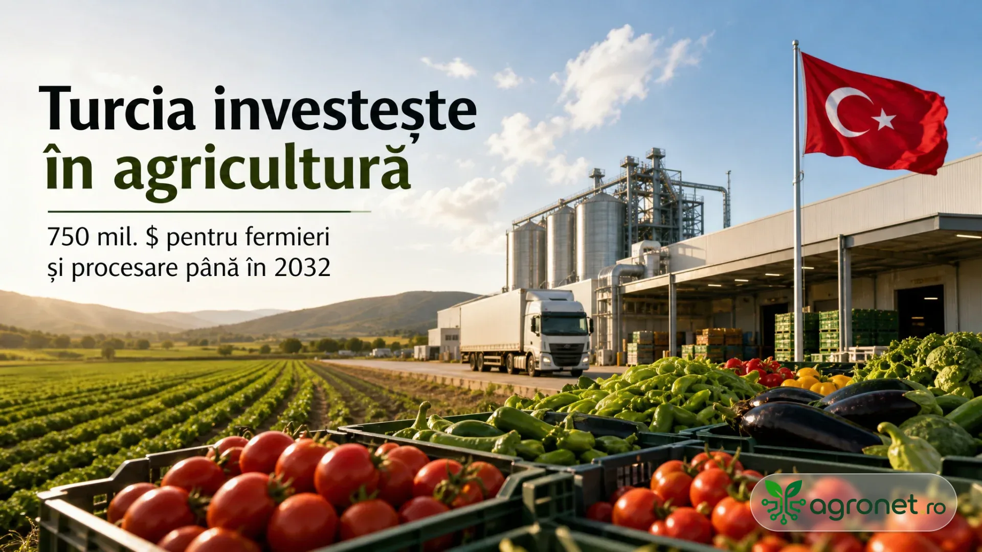 Câmp cultivat, lăzi cu legume, camioane și o unitate agroindustrială lângă un steag al Turciei.