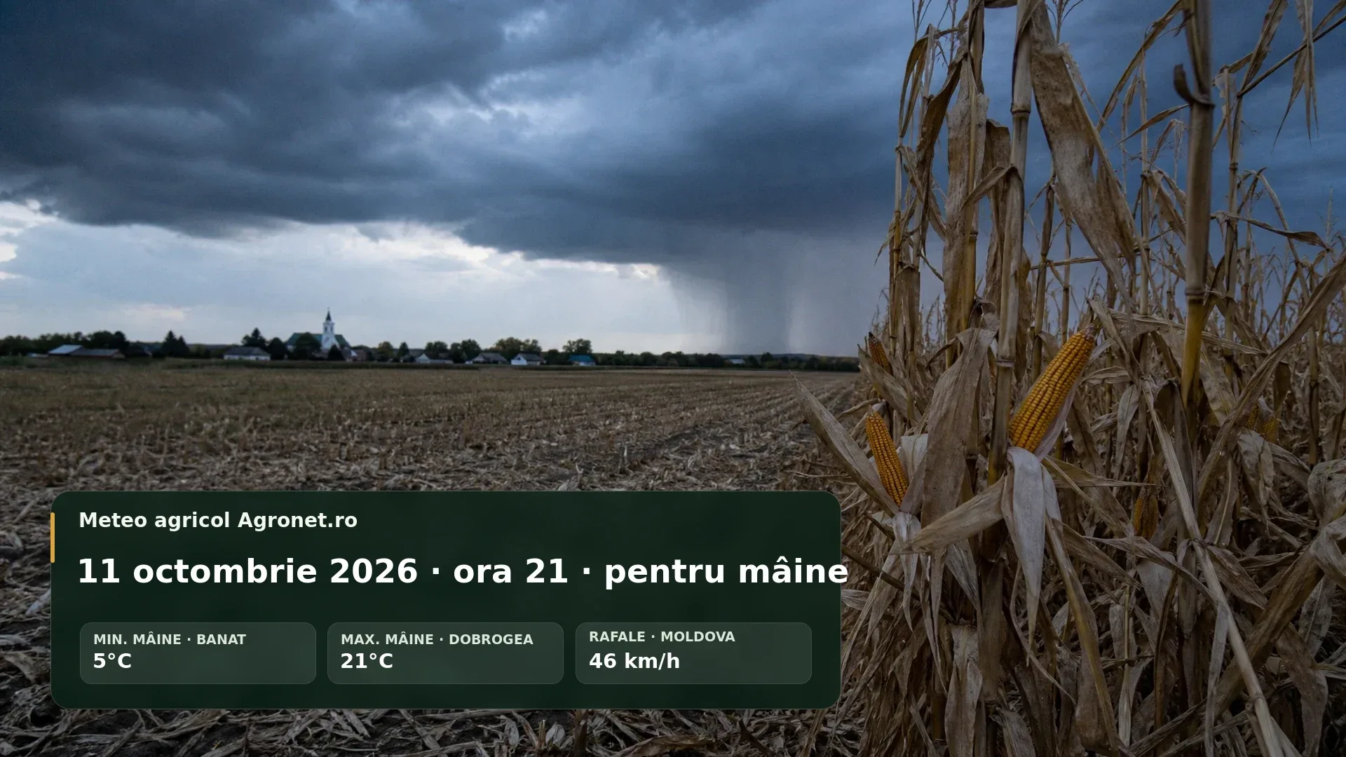 Utilaj agricol pe teren de toamnă sub nori de furtună