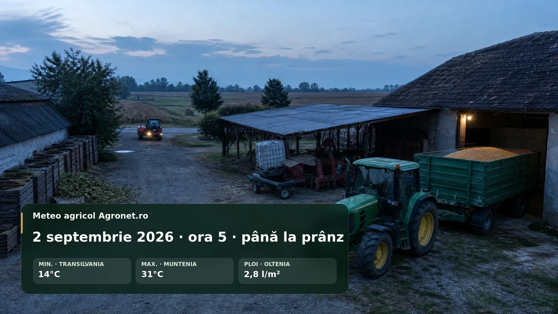 Utilaj agricol într-un câmp, într-o dimineață senină de început de septembrie