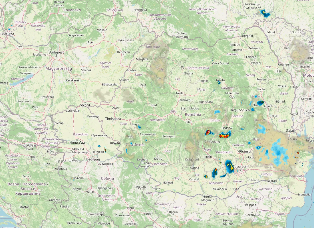 Hartă radar RainViewer cu precipitațiile din România pentru buletinul Meteo agricol România de la ora 05:00.