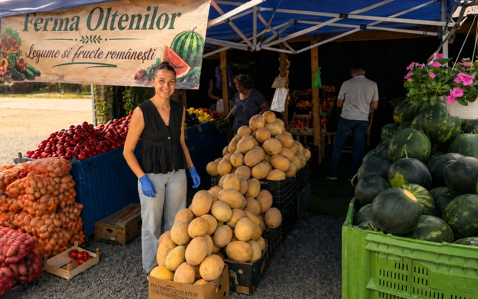 Femeie la standul Ferma Oltenilor, lângă lăzi cu pepeni, lubenițe, ceapă și roșii.
