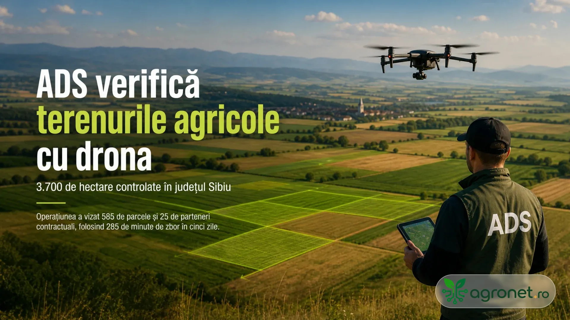 Operator cu tabletă urmărește o dronă deasupra unui peisaj agricol cu parcele marcate grafic.