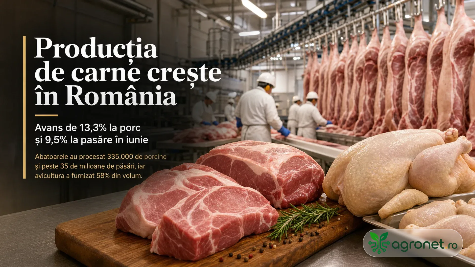 Bucăți de carne de porc și pui întregi pe o masă, cu carcase suspendate și lucrători într-o unitate de procesare.