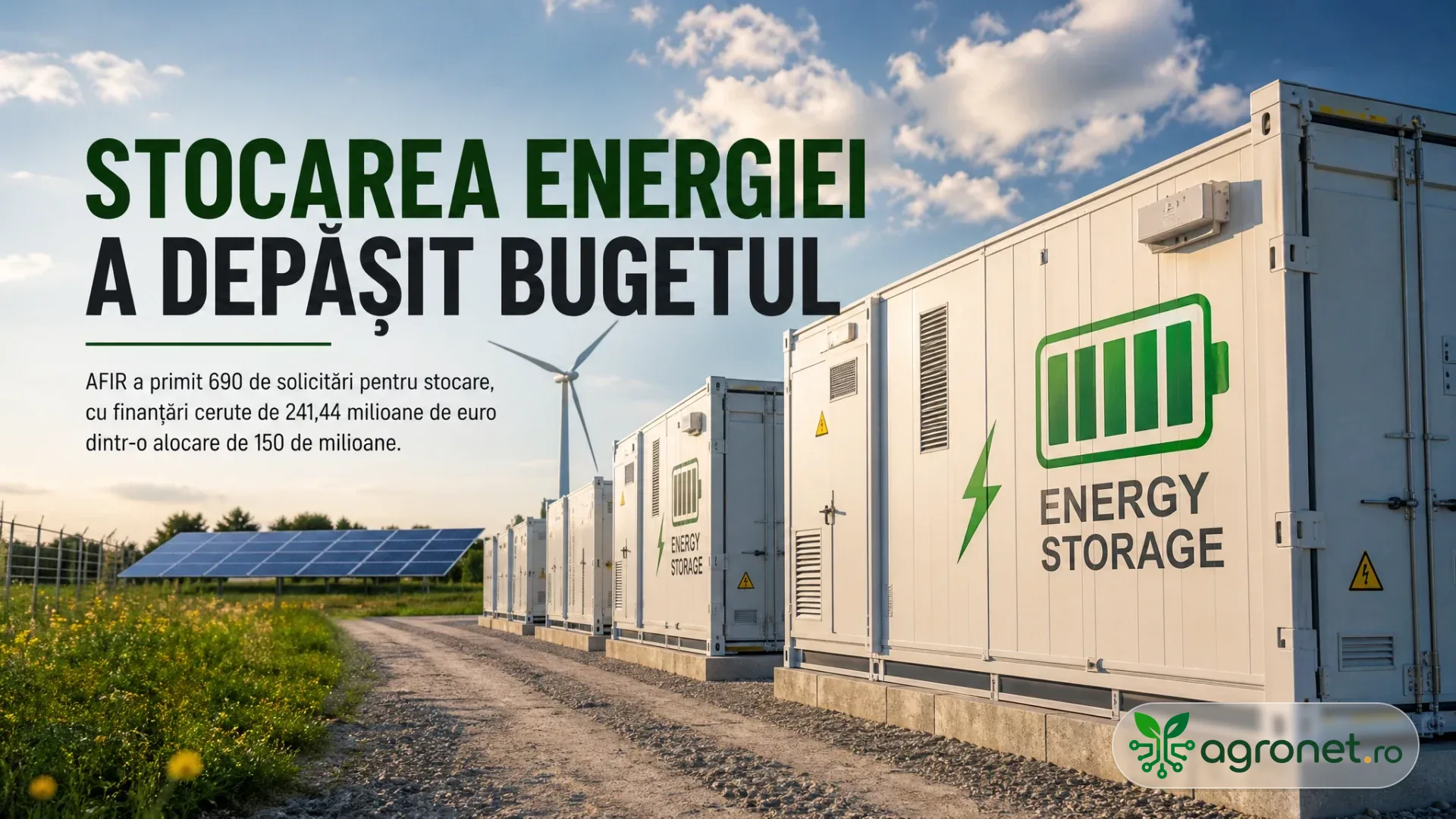 Containere albe pentru stocarea energiei, panouri solare și o turbină eoliană pe un teren deschis.