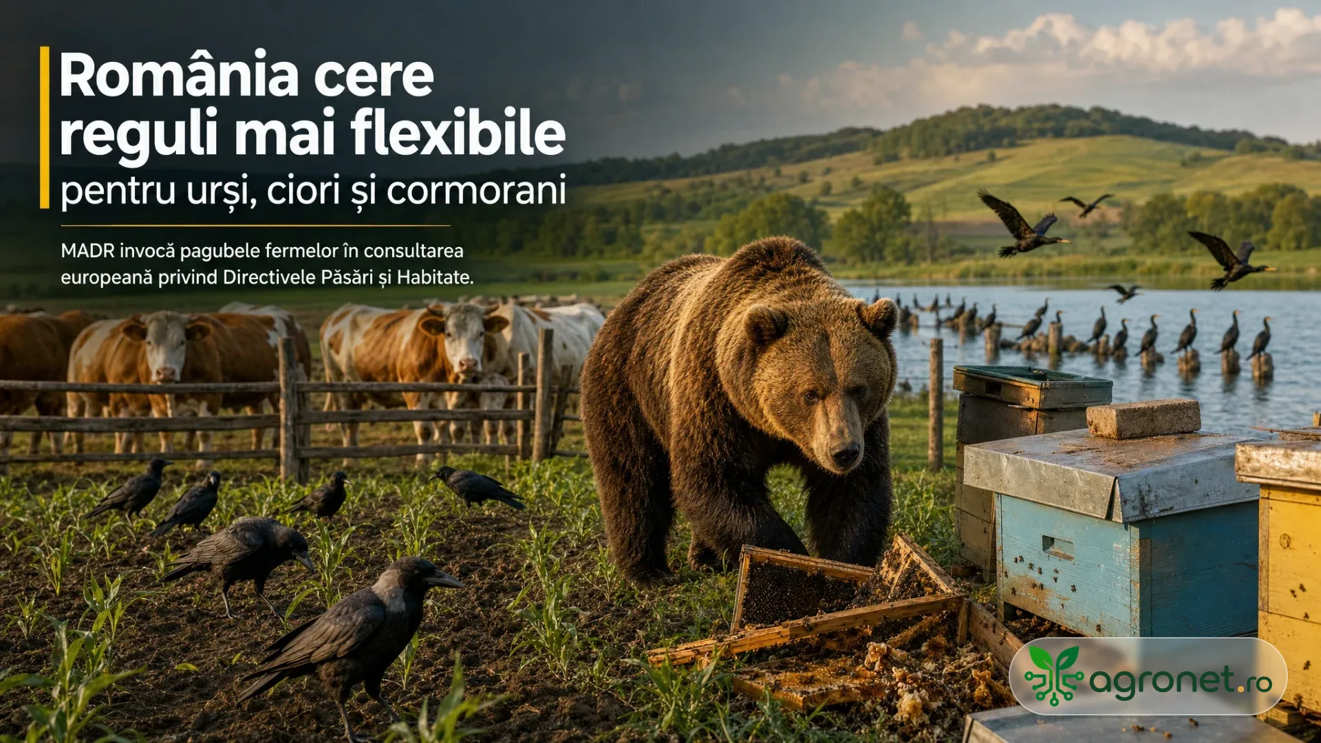 Urs brun lângă stupi, vaci într-un țarc, ciori pe sol și păsări acvatice pe un lac într-un peisaj rural.