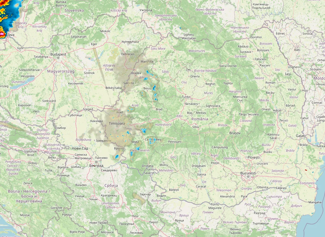Hartă radar RainViewer cu precipitațiile din România pentru buletinul Meteo agricol România de la ora 18:00.