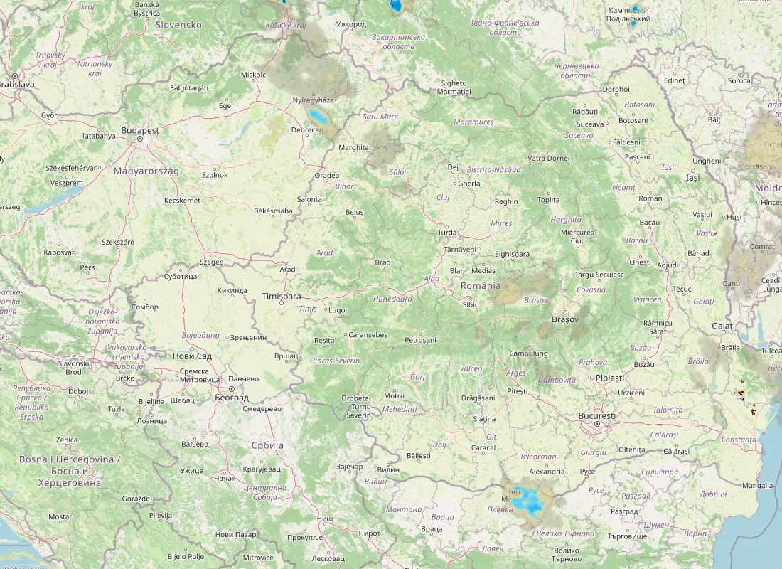 Hartă radar RainViewer cu precipitațiile din România pentru buletinul Meteo agricol România de la ora 05:00.