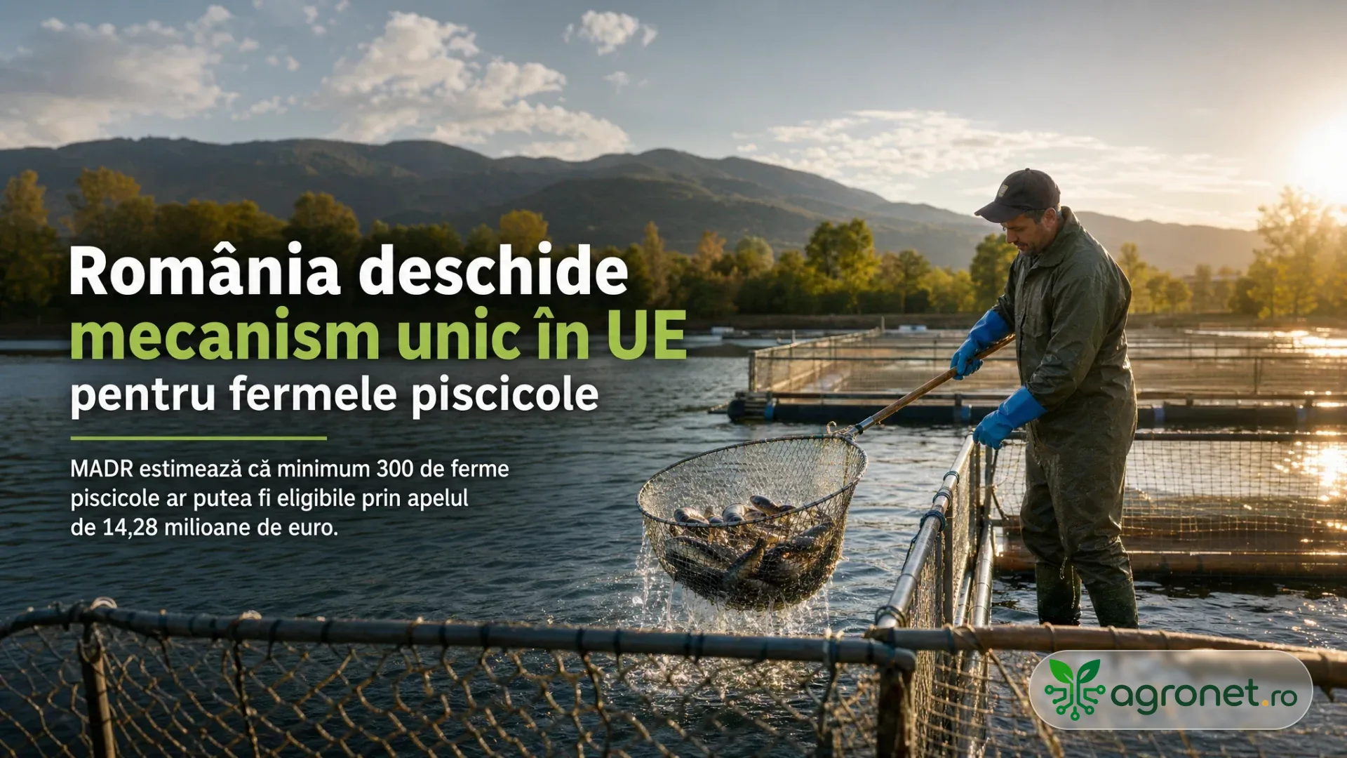 Lucrător la o fermă piscicolă ridicând pești cu un minciog deasupra unei cuști pe apă.