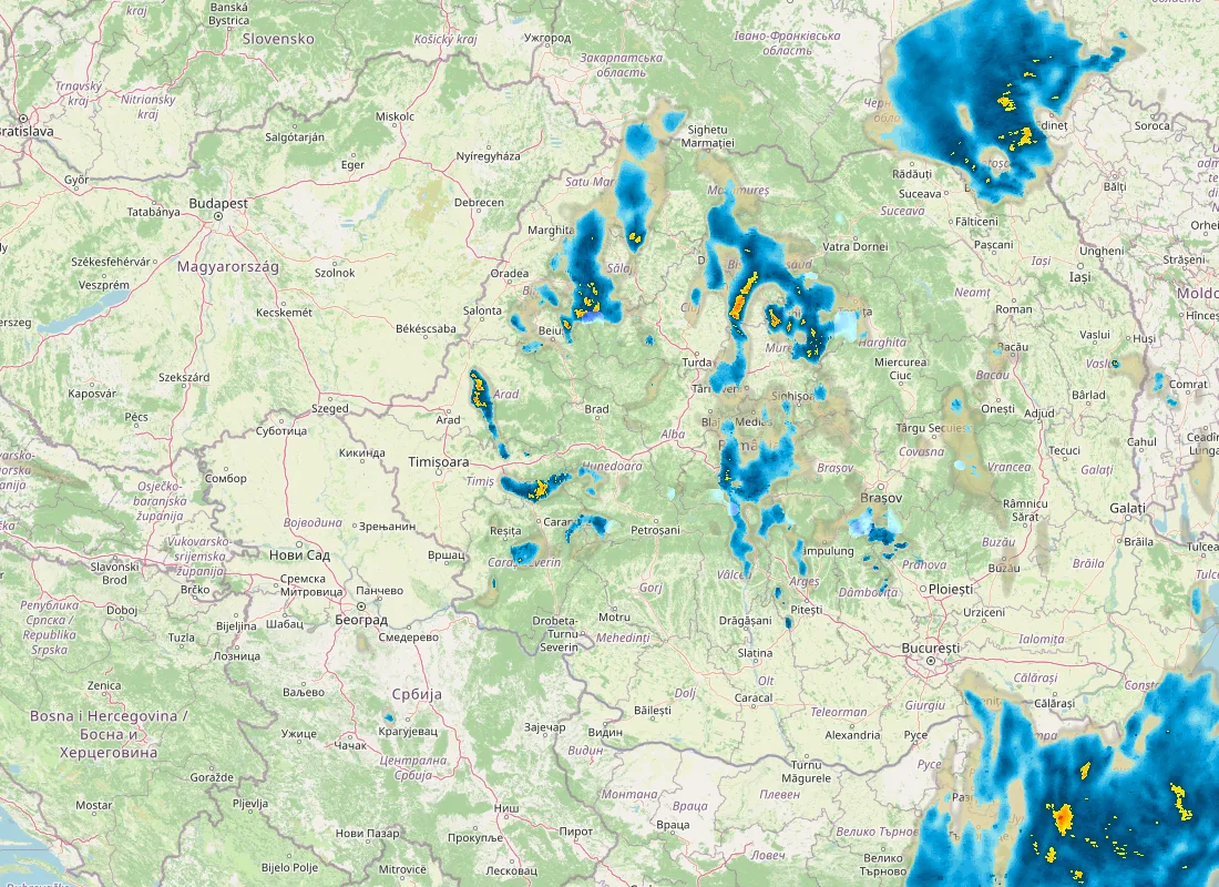 Hartă radar RainViewer cu precipitațiile din România pentru buletinul Meteo agricol România de la ora 05:00.