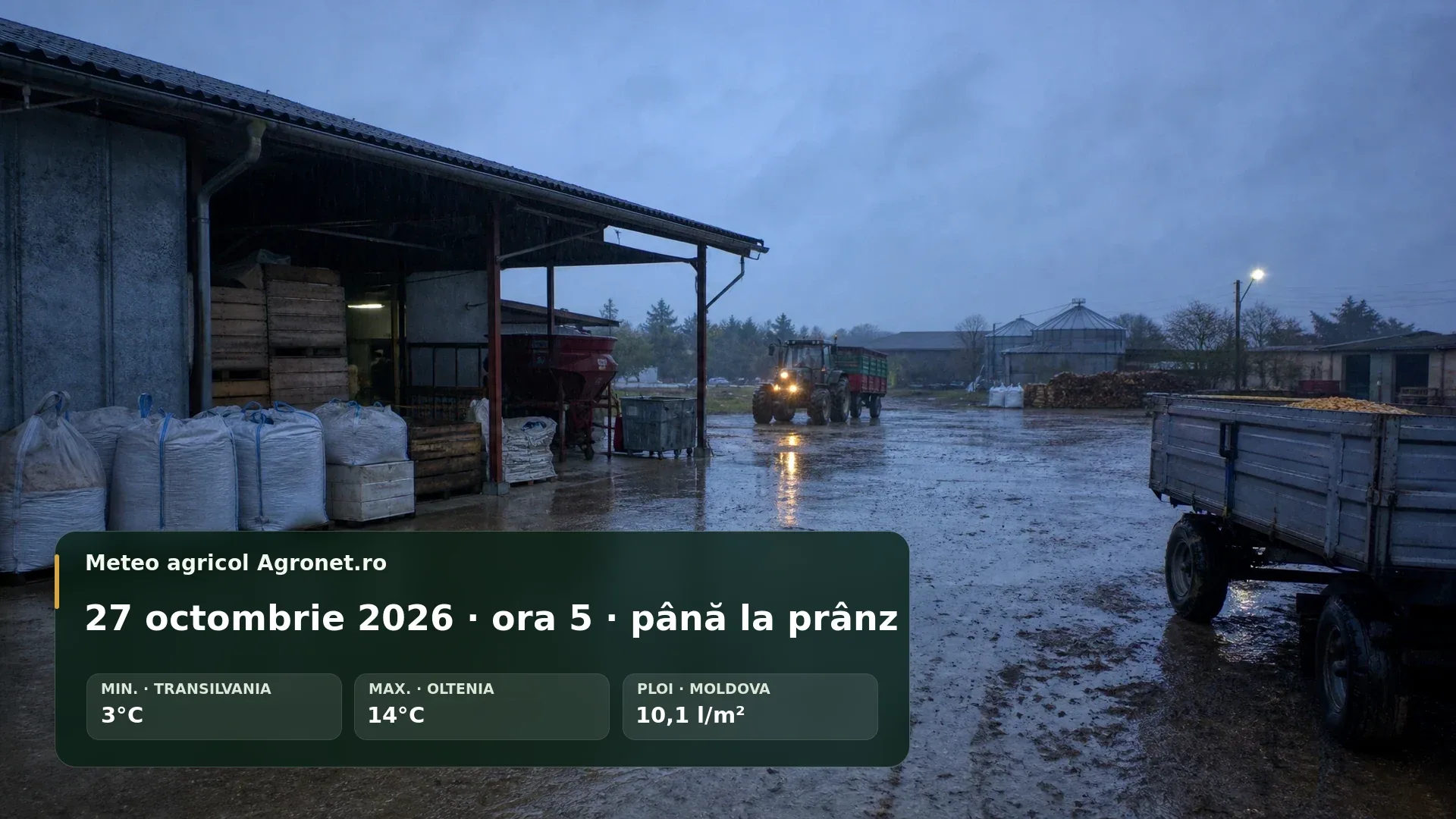 Utilaj agricol pe drum de fermă într-o dimineață înnorată de toamnă
