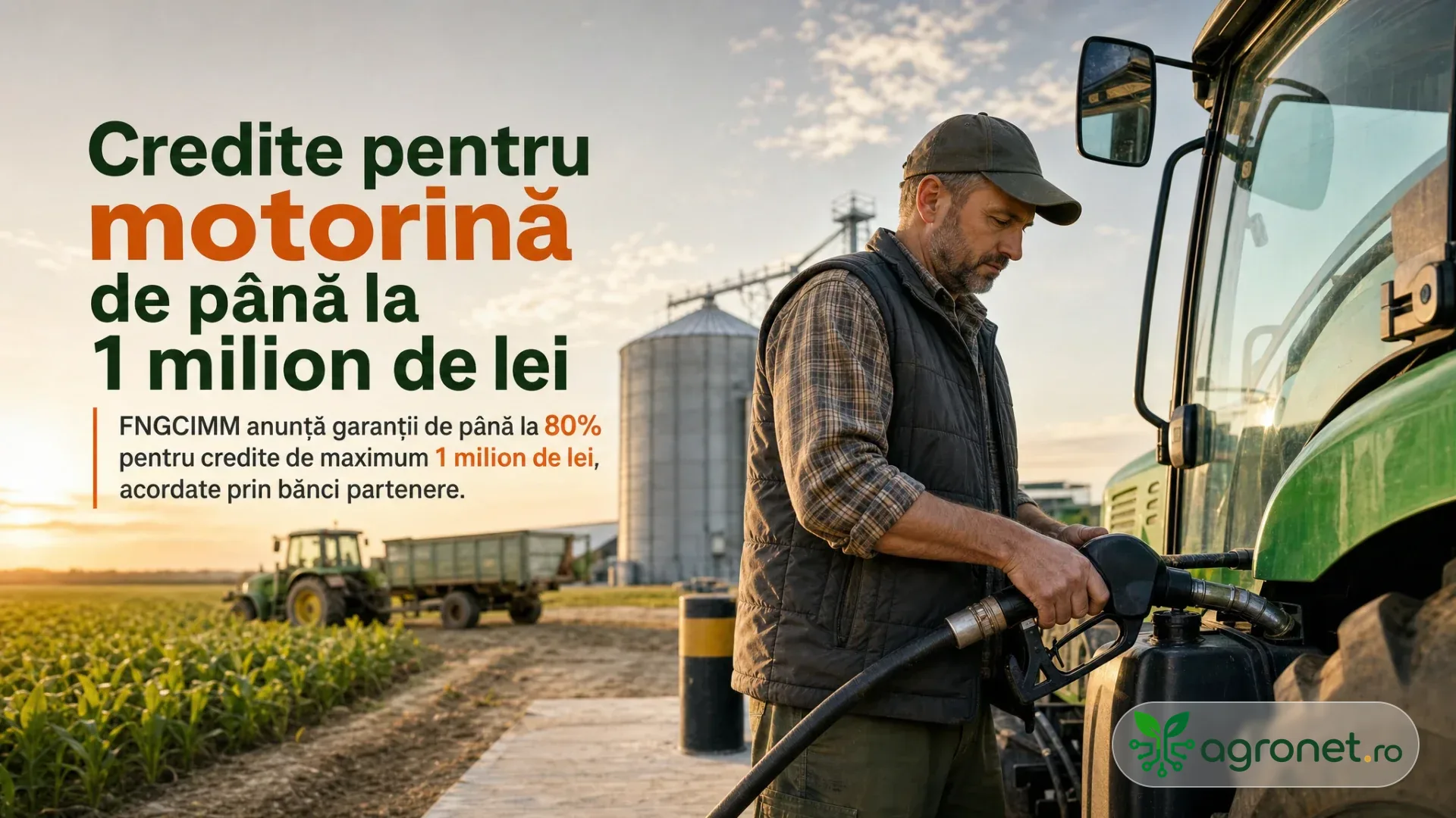 Un fermier alimentează cu combustibil un tractor verde lângă un câmp și silozuri agricole.