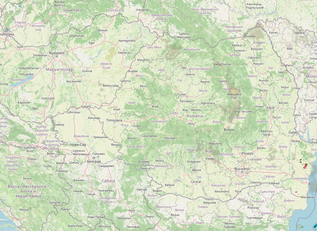 Hartă radar RainViewer cu precipitațiile din România pentru buletinul Meteo agricol România de la ora 05:00.