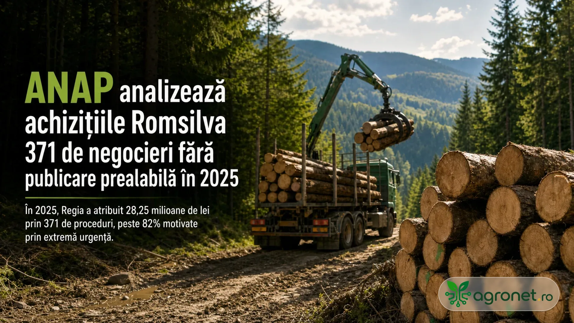 Camion forestier încărcat cu bușteni pe un drum de munte, lângă stive de lemn și pădure de conifere.