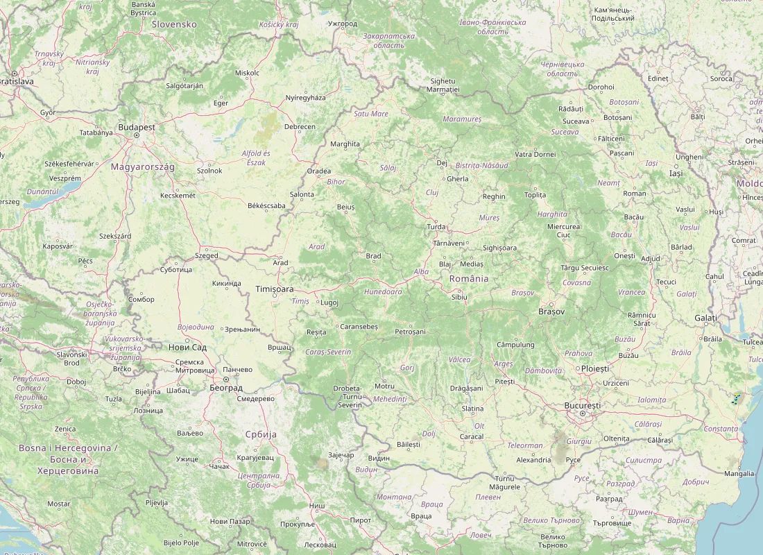 Hartă radar RainViewer cu precipitațiile din România pentru buletinul Meteo agricol România de la ora 12:00.