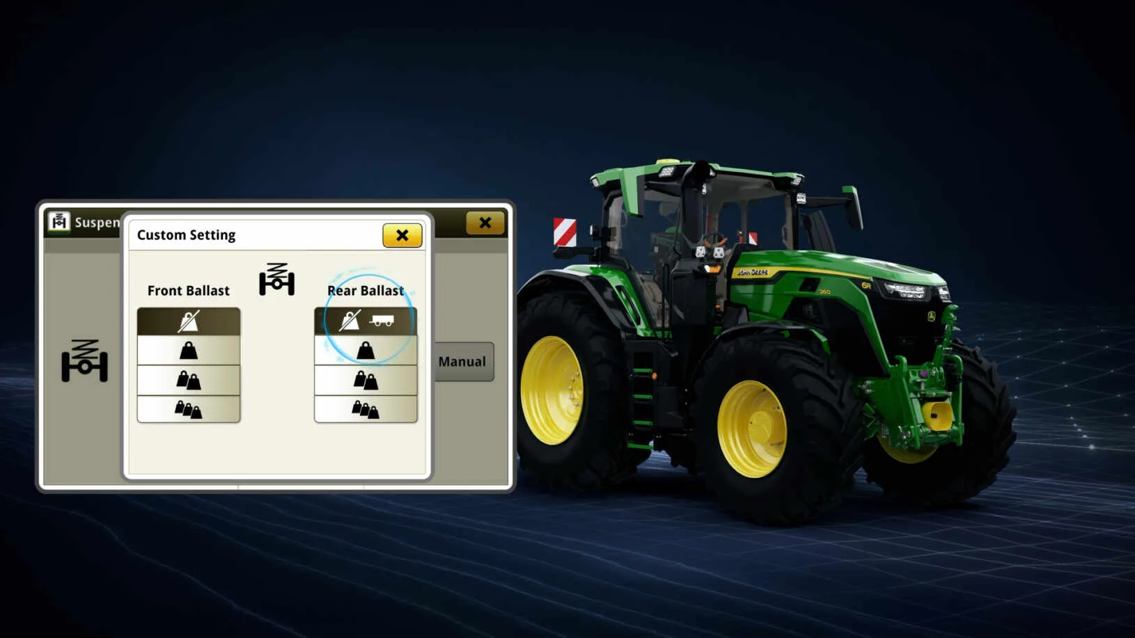 Tractor John Deere 6R lângă interfața de reglare a balastului