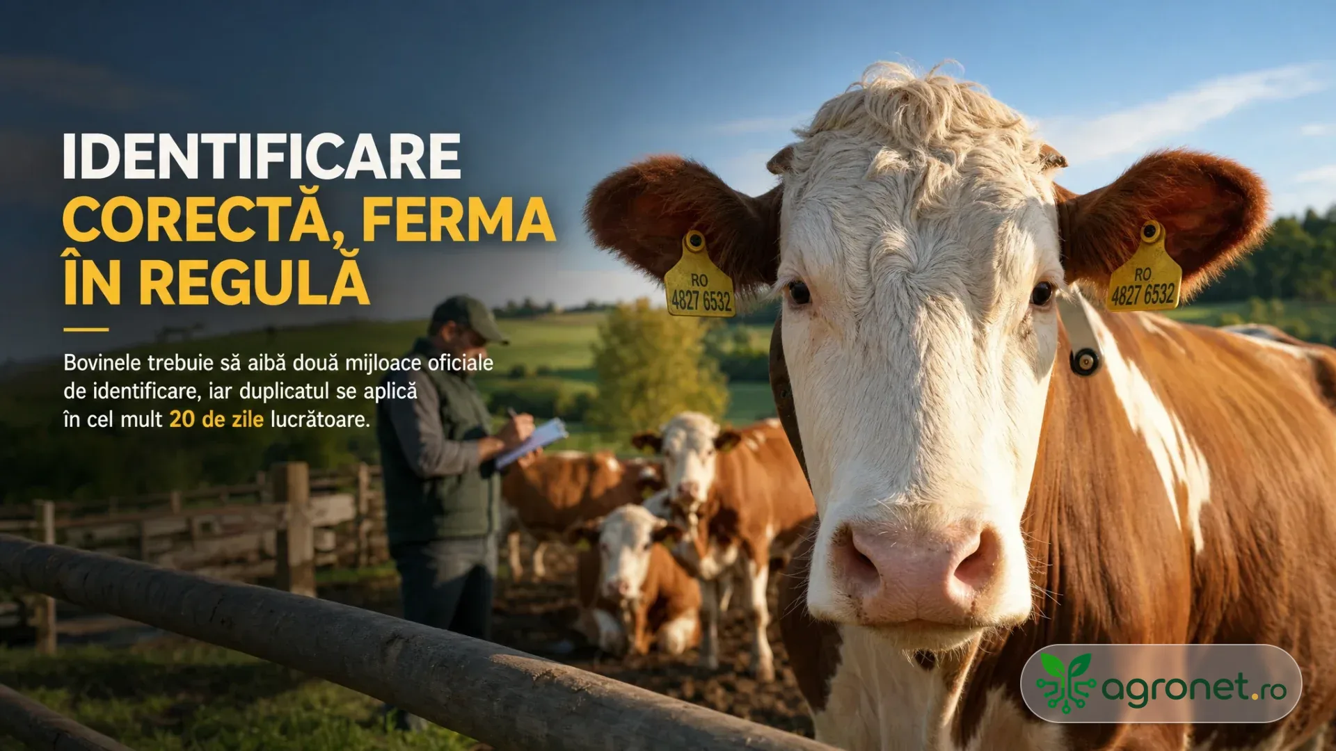 Bovină cu crotalii galbene la ambele urechi, lângă un țarc, cu alte bovine și o persoană cu clipboard în fundal.