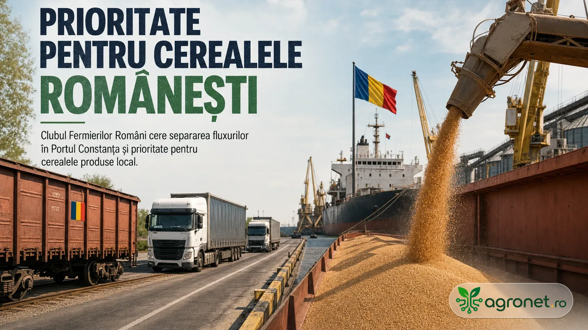 Cereale descărcate într-o navă la cheu, cu camioane, vagon feroviar și drapelul României în zona portuară.