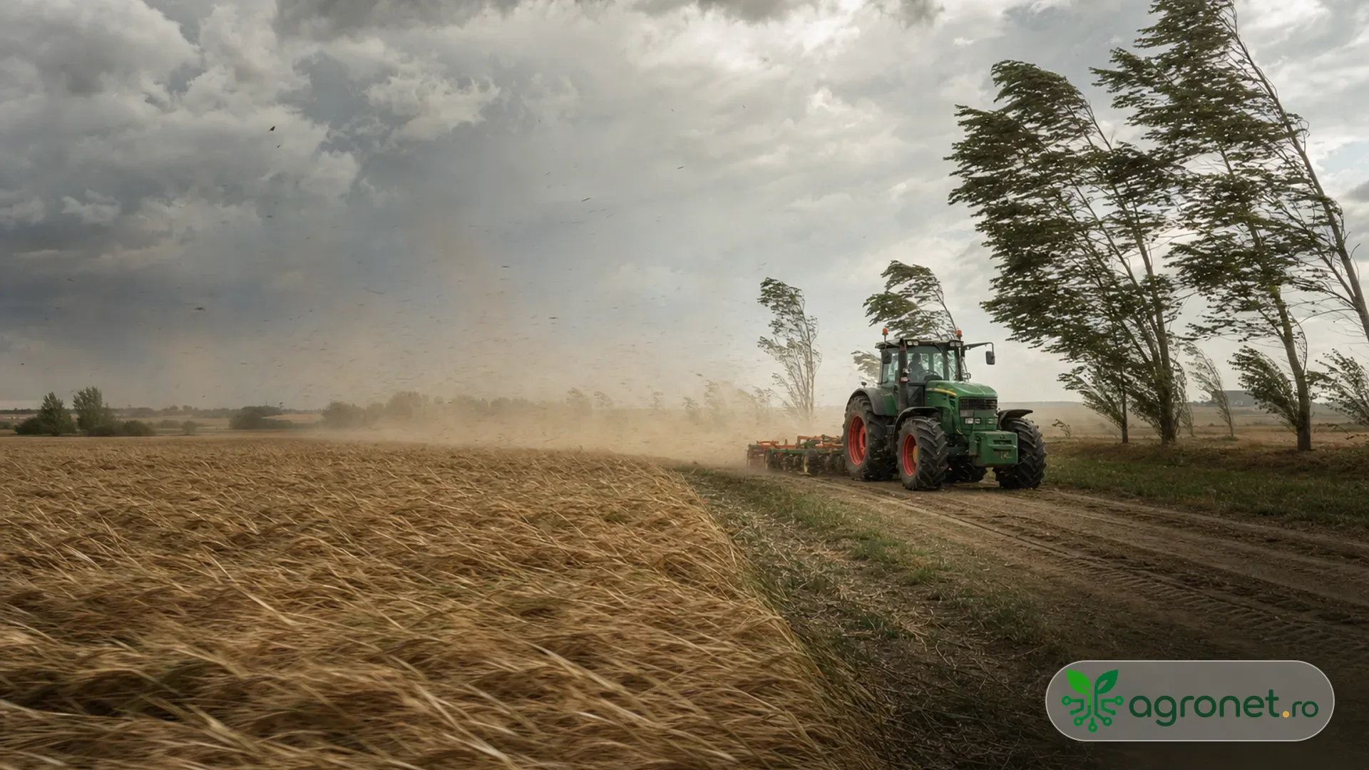 Câmp agricol expus vântului puternic într-o zi caniculară de august