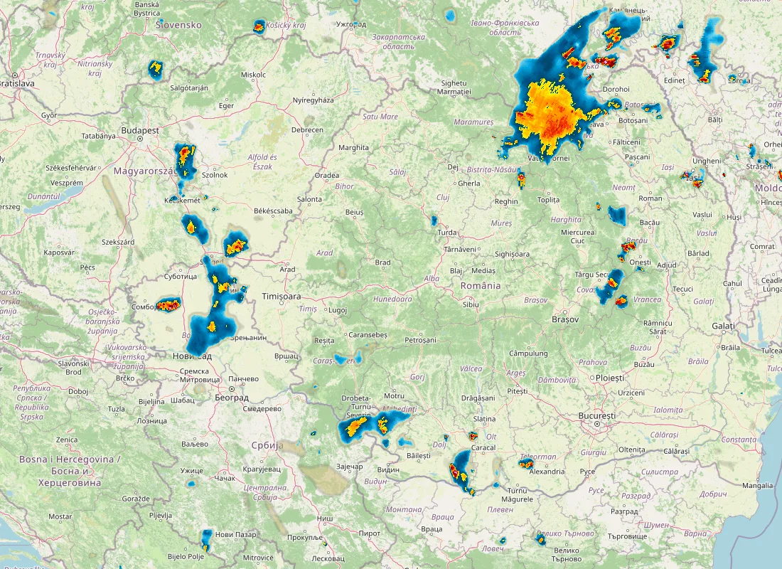 Hartă radar RainViewer cu precipitațiile din România pentru buletinul Meteo agricol România de la ora 21:00.