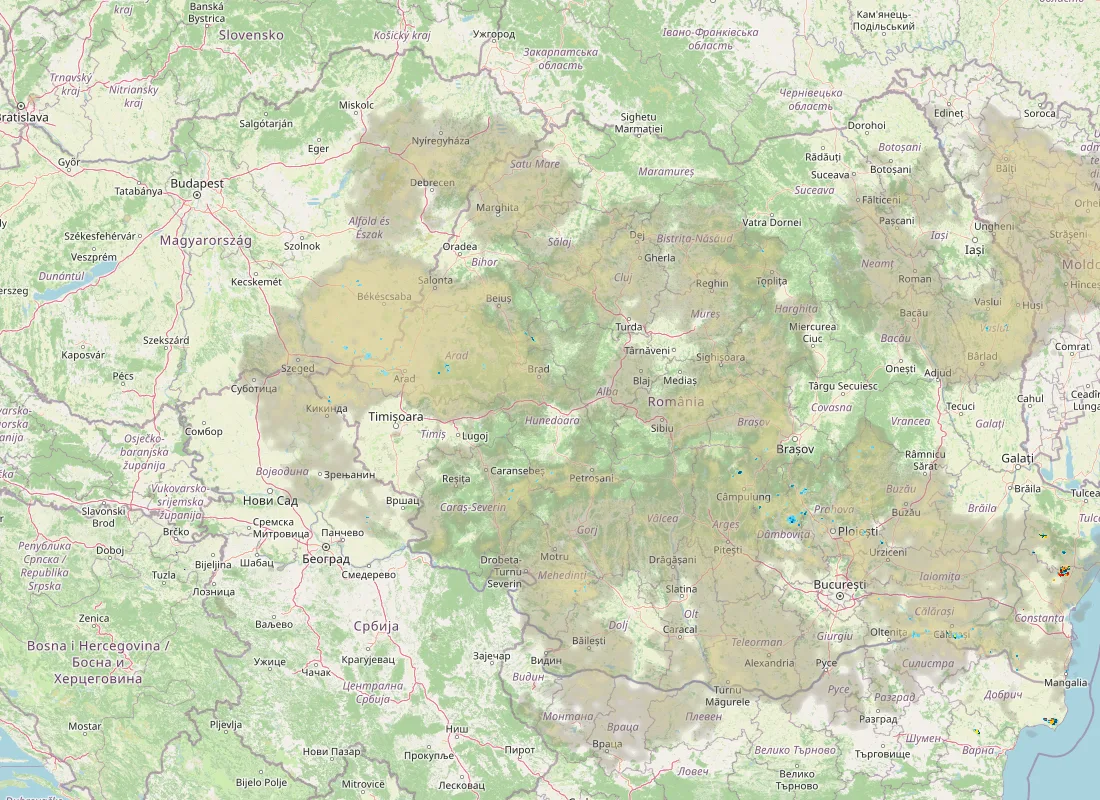 Hartă radar RainViewer cu precipitațiile din România pentru buletinul Meteo agricol România de la ora 05:00.