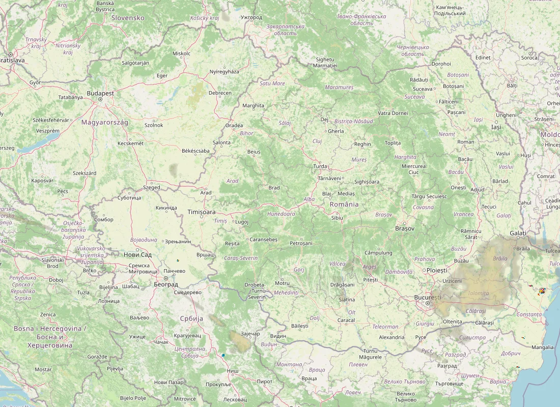 Hartă radar RainViewer cu precipitațiile din România pentru buletinul Meteo agricol România de la ora 21:00.