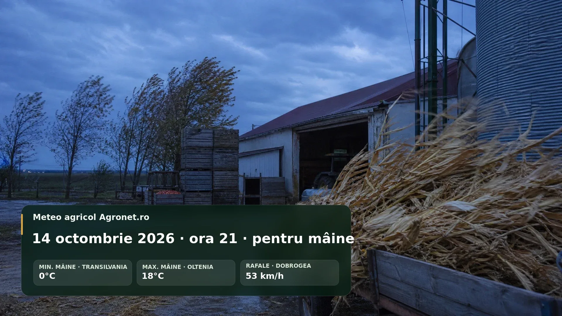 Utilaj agricol pregătit pentru lucrări de toamnă pe fond de vânt și cer schimbător