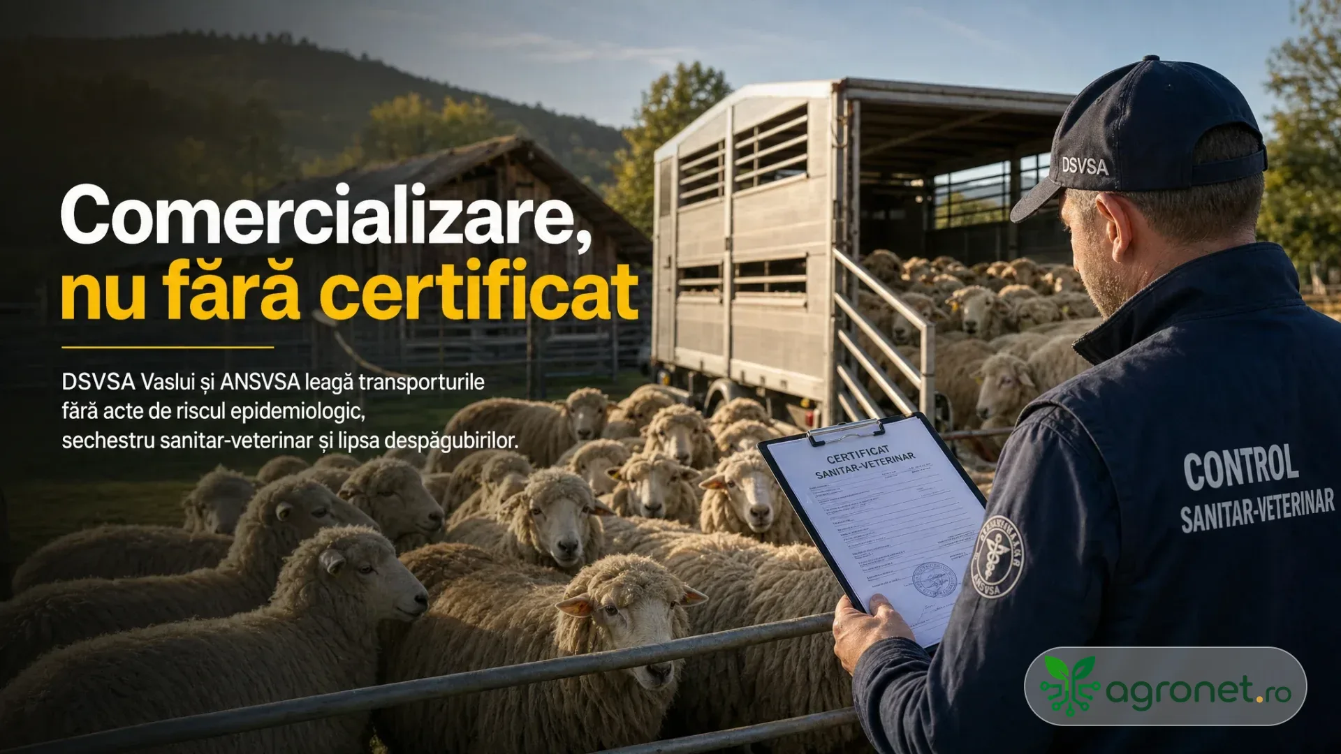 Inspector sanitar-veterinar ține un document lângă un țarc cu oi și o remorcă de transport animale.