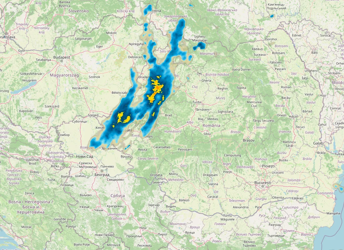 Hartă radar RainViewer cu precipitațiile din România pentru buletinul Meteo agricol România de la ora 05:00.