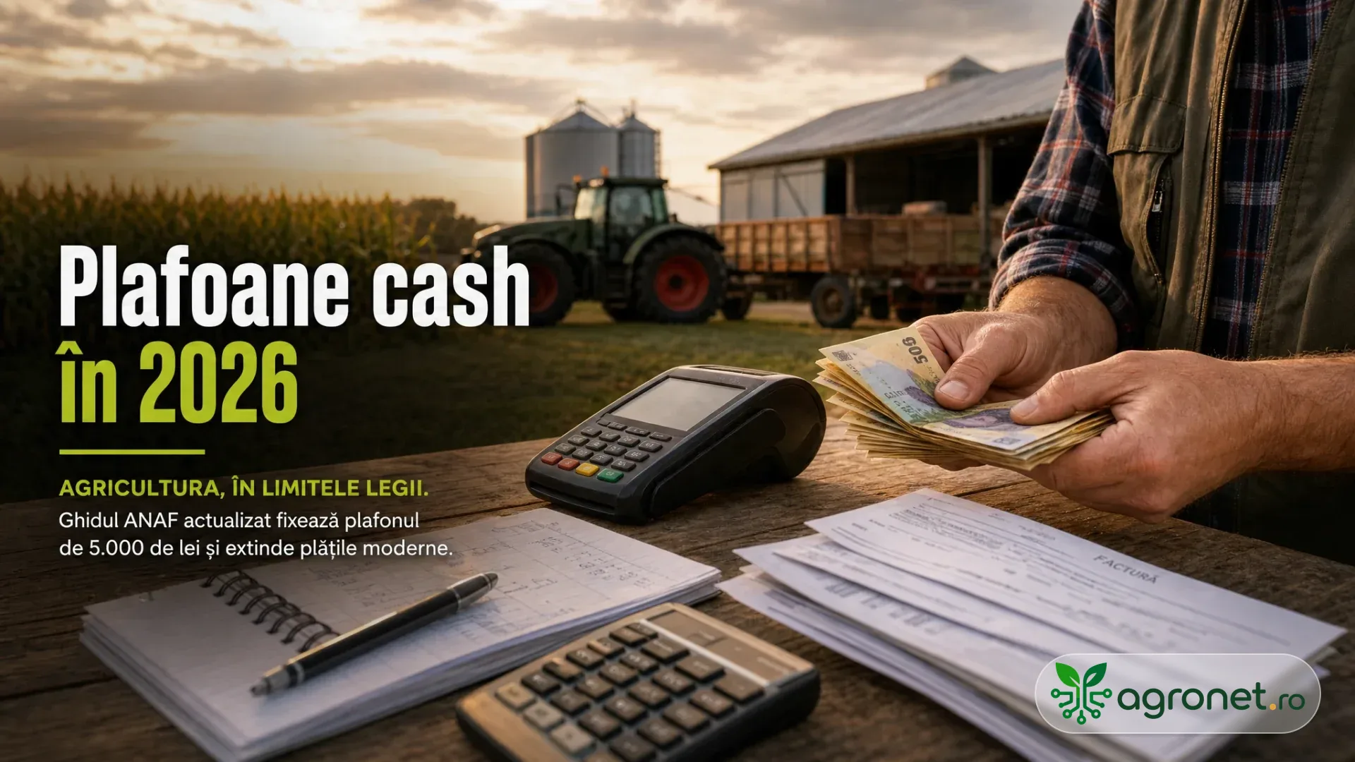 Persoană care numără bancnote lângă un terminal de plată, facturi și calculator, cu tractor și silozuri în fundal.