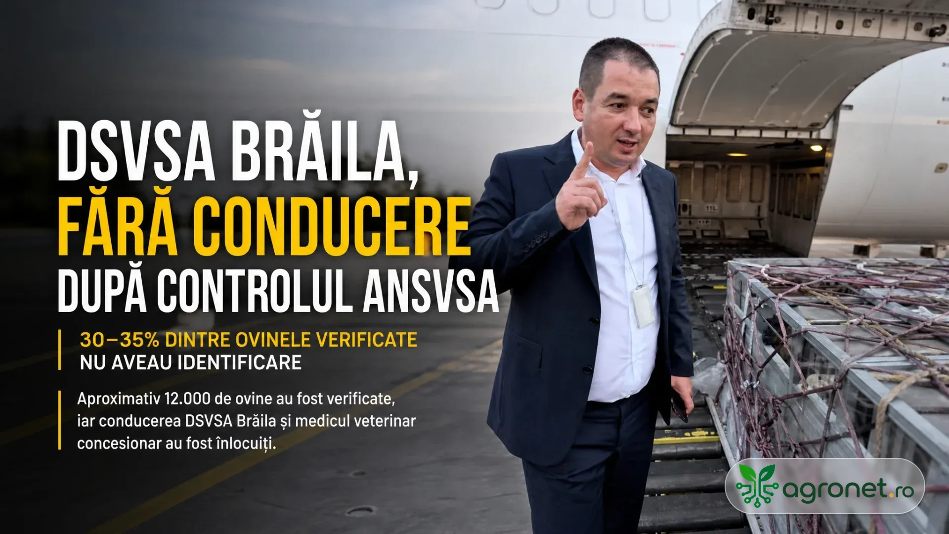 Bărbat în costum lângă un avion cargo deschis și paleți de marfă, cu grafică editorială suprapusă.