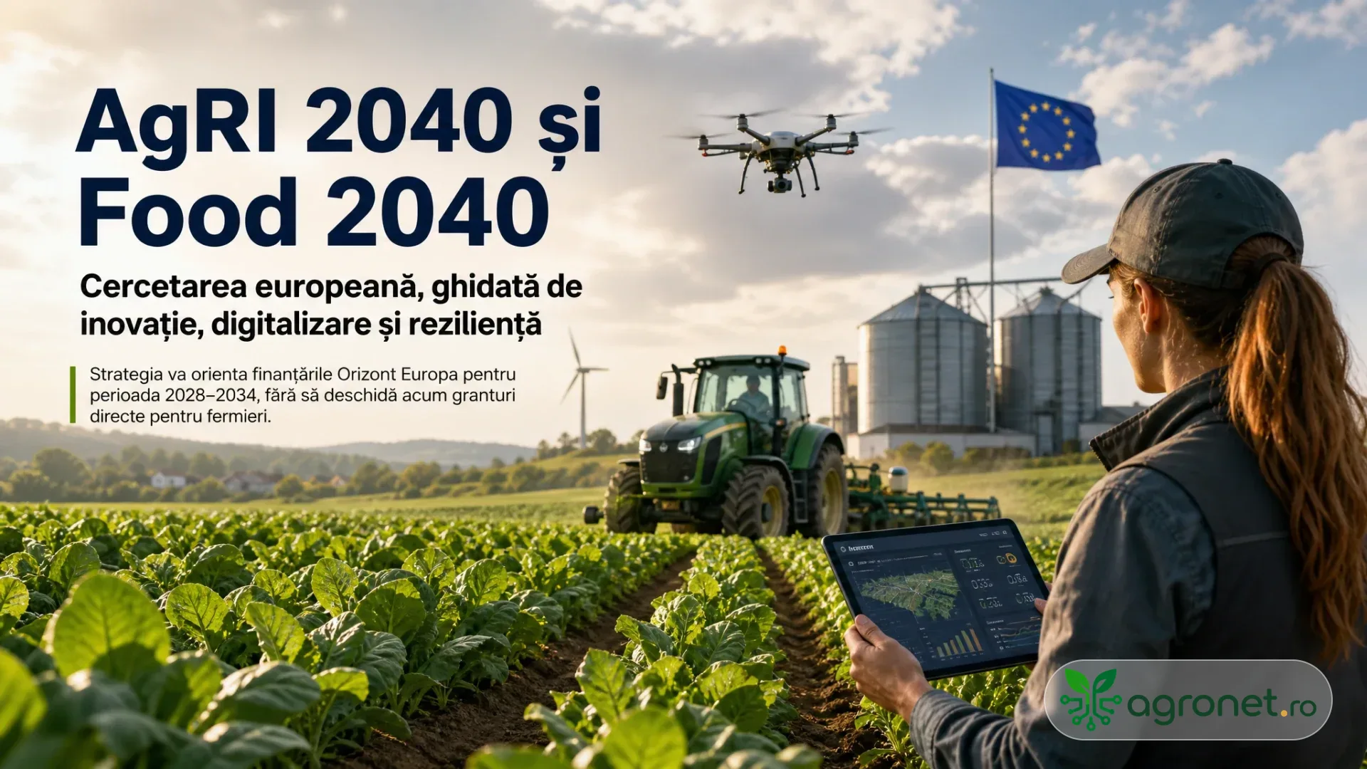 Femeie cu tabletă lângă un câmp cultivat, cu tractor, dronă, silozuri și steag al Uniunii Europene.