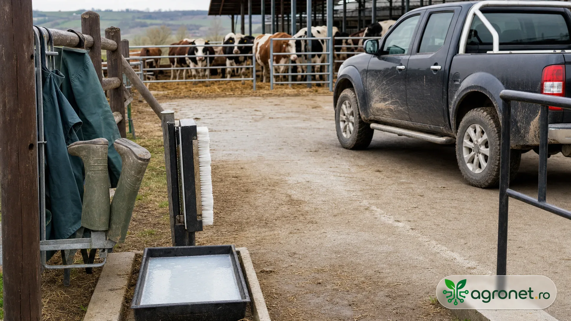 Intrare controlată într-o fermă de bovine, cu vehicul oprit înainte de adăpost, zonă pentru încălțăminte curată și bovine vizibile în fundal.