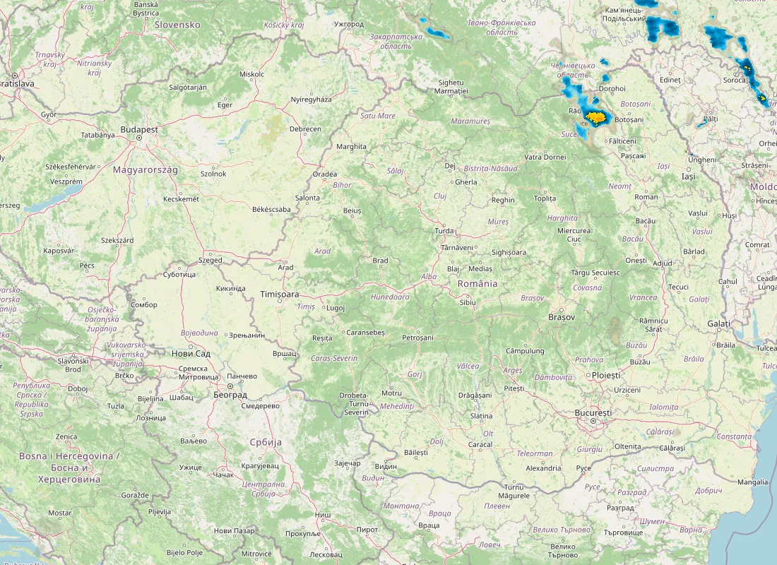 Hartă radar RainViewer cu precipitațiile din România pentru buletinul Meteo agricol România de la ora 12:00.