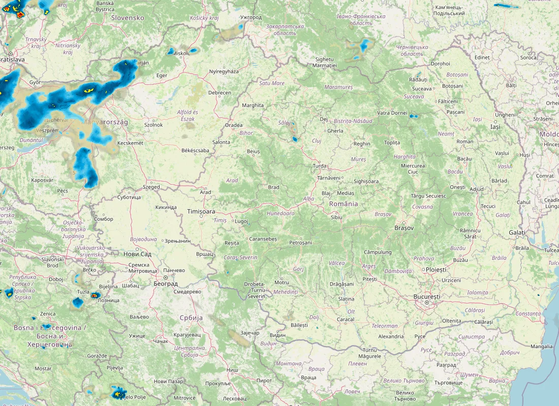 Hartă radar RainViewer cu precipitațiile din România pentru buletinul Meteo agricol România de la ora 18:00.