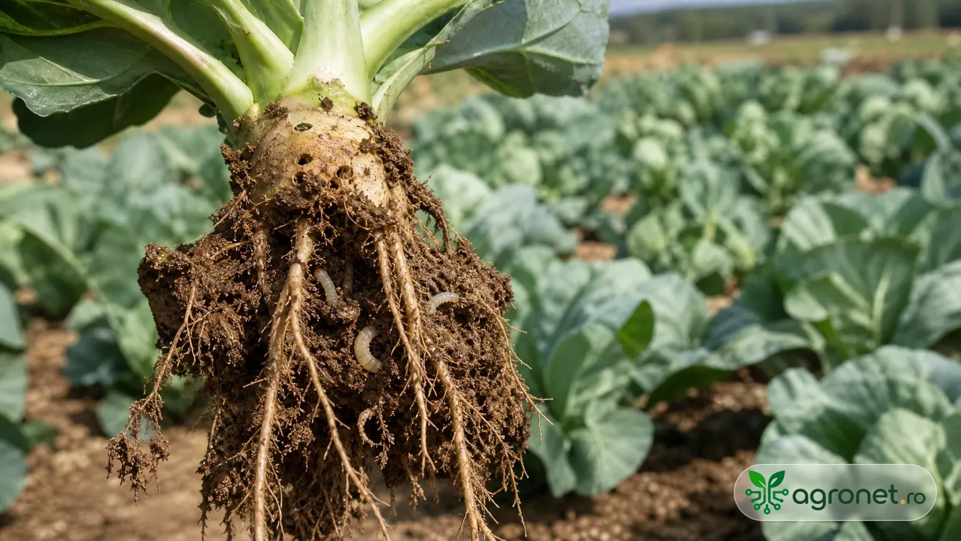 Plantă de varză scoasă cu grijă dintr-o cultură de toamnă, cu rădăcini expuse, urme discrete de rosături și câteva larve albicioase vizibile în solul din jur.